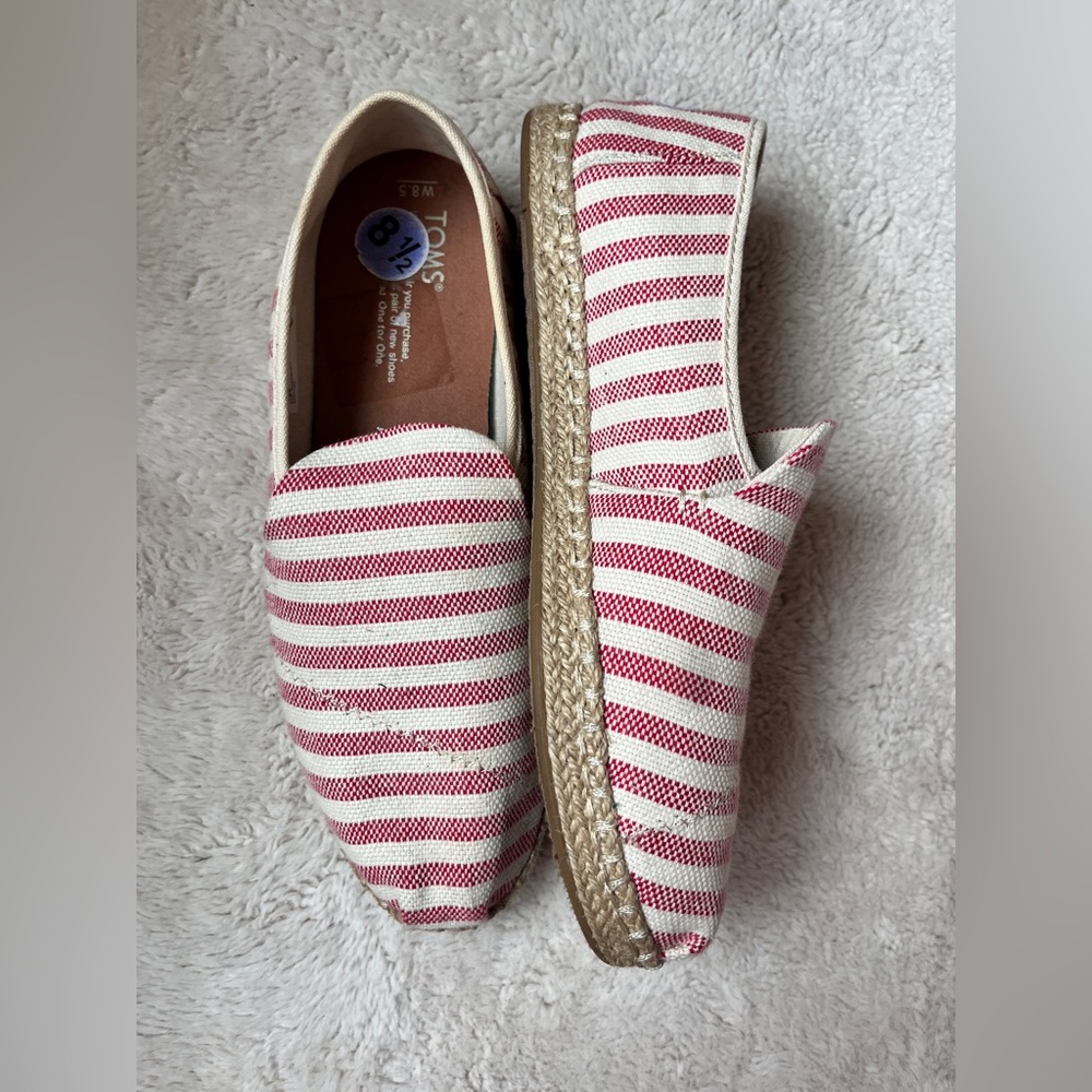 TOMS Red and White Striped Espadrilles Wpmen Size 8.5